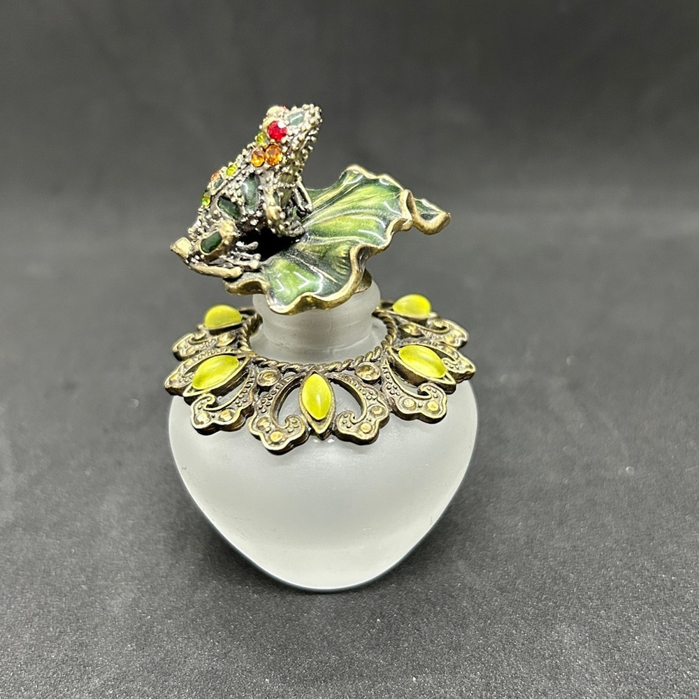 Frosted Glass Jeweled Frog Perfume Bottle empty 3.5" Tall 1.5" Wide